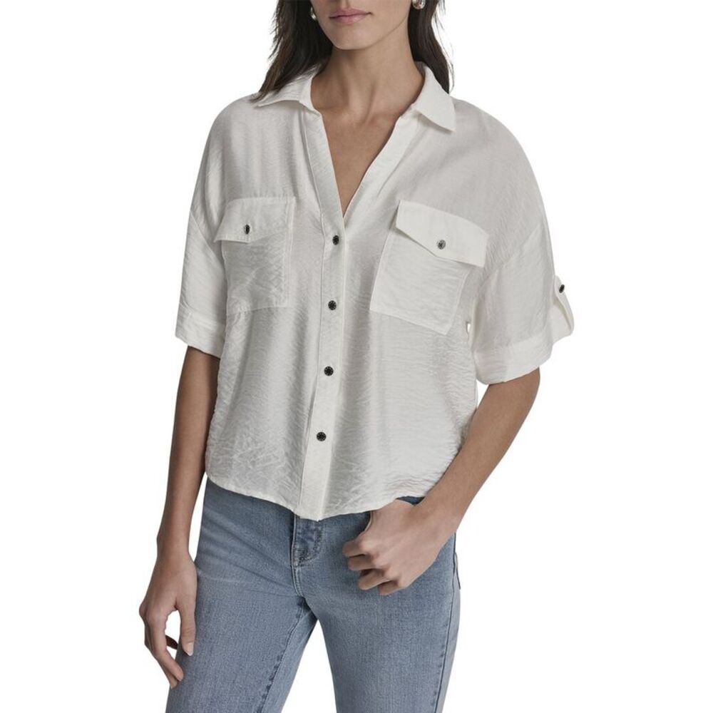 Dkny Womens Y-Neck Roll Tab Shirt, White